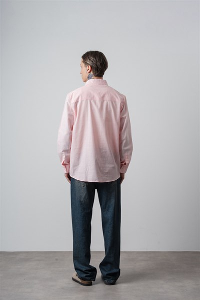 Erkek Res Nakışlı Uzun Kollu Keten Oversize Gömlek Pembe