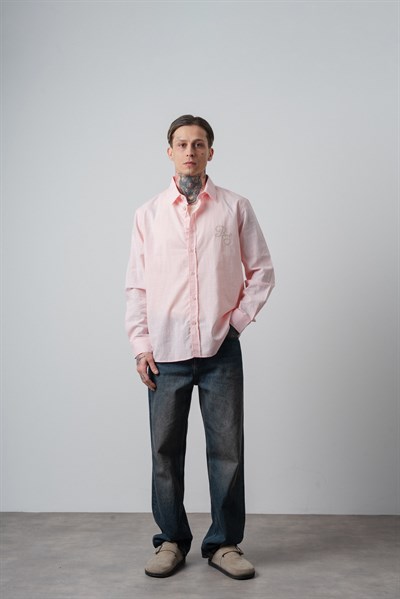 Erkek Res Nakışlı Uzun Kollu Keten Oversize Gömlek Pembe