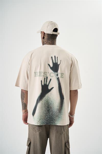 Erkek Rescue Baskılı Oversize T-Shirt Bej