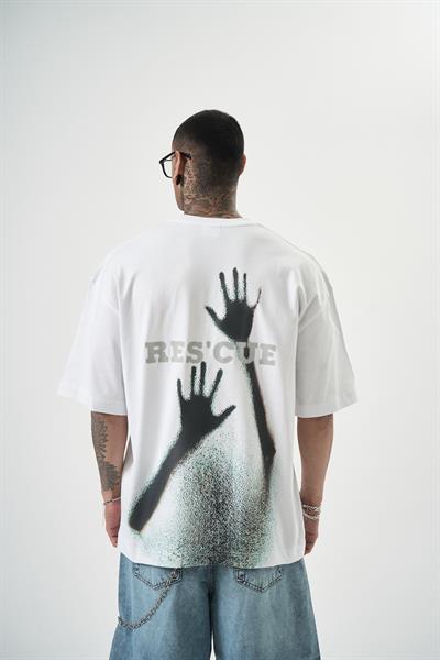 Erkek Rescue Baskılı Oversize T-Shirt Beyaz