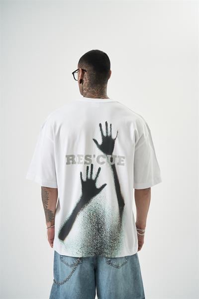 Erkek Rescue Baskılı Oversize T-Shirt Beyaz