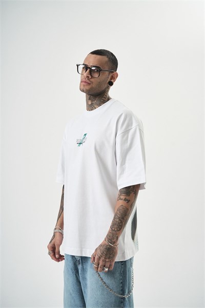 Erkek Rescue Baskılı Oversize T-Shirt Beyaz