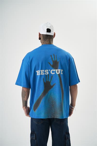 Erkek Rescue Baskılı Oversize T-Shirt Mavi