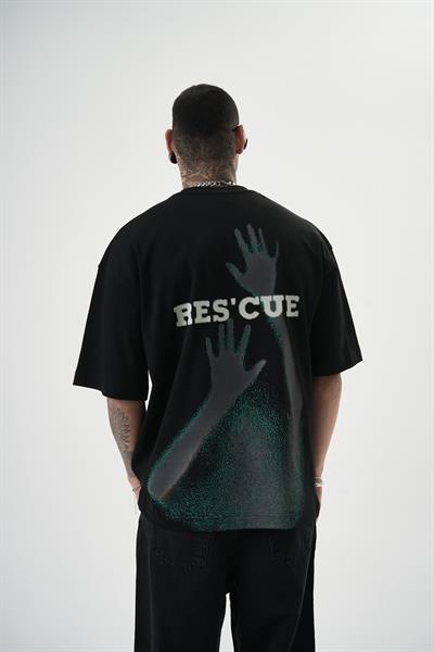 Erkek Rescue Baskılı Oversize T-Shirt Siyah