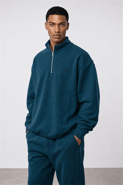 Erkek Respire Basic Half Zip Oversize Sweatshirt Zümrüt