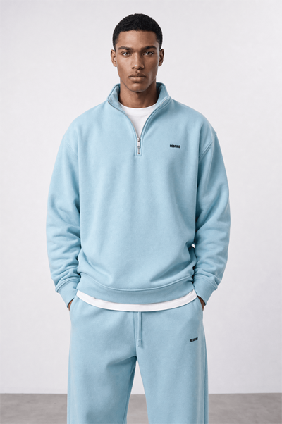 Erkek Respire Basic Half Zip Oversize Sweatshirt Bebe Mavi