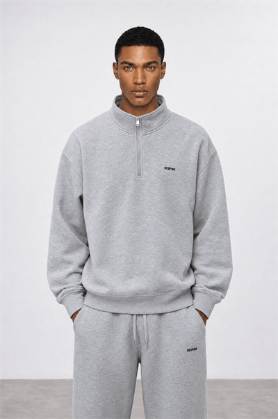Erkek Respire Basic Half Zip Oversize Sweatshirt Gri Melanj