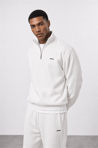 Erkek Respire Basic Half Zip Oversize Sweatshirt Ekru