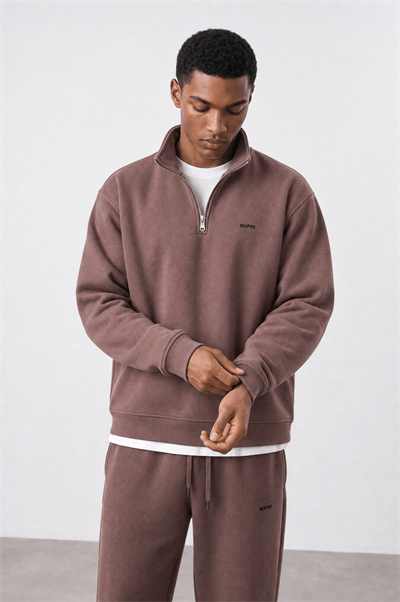 Erkek Respire Basic Half Zip Oversize Sweatshirt Kakao