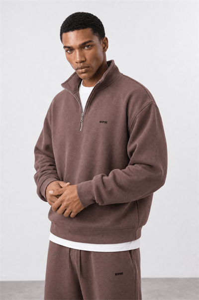 Erkek Respire Basic Half Zip Oversize Sweatshirt Kakao