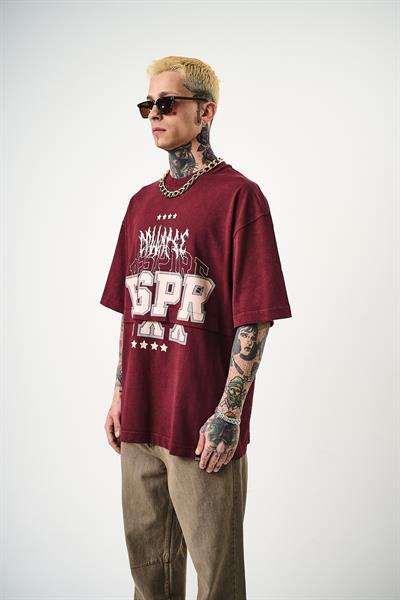 Erkek Respire Baskılı Yıkamalı Oversize T-Shirt Bordo
