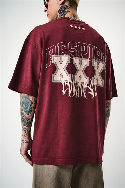 Erkek Respire Baskılı Yıkamalı Oversize T-Shirt Bordo