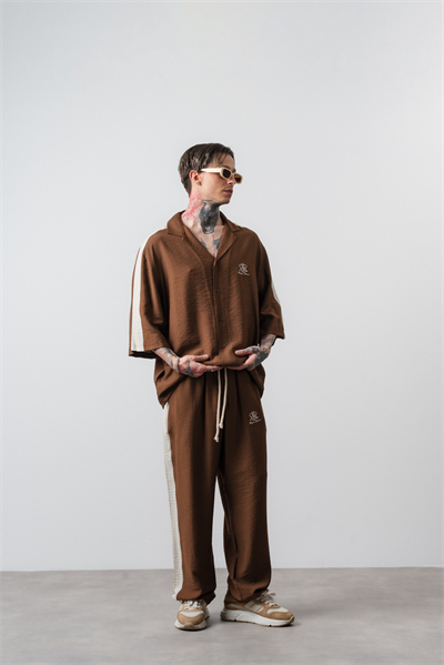 Erkek Respire District Nakışlı Fakir Kol Oversize Gömlek Pantolon Takım Kahve