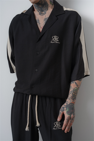 Erkek Respire District Nakışlı Fakir Kol Oversize Gömlek Pantolon Takım Siyah