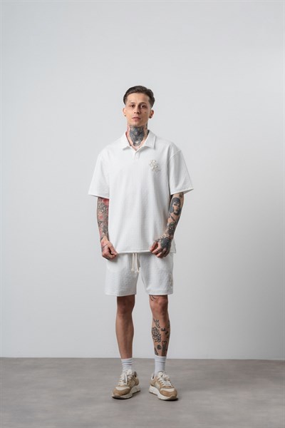 Erkek Respire Relined Yazılı Regular Fit T-Shirt Şort Takım Ekru