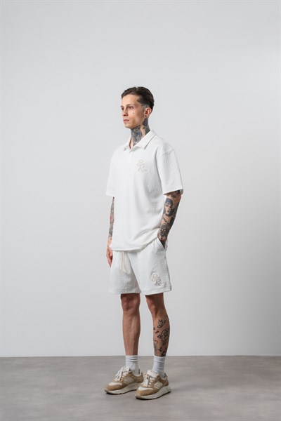 Erkek Respire Relined Yazılı Regular Fit T-Shirt Şort Takım Ekru