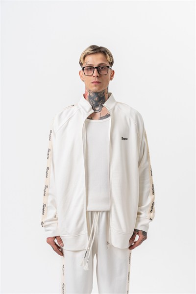Erkek Respire Şerit Detaylı Dik Yaka Doubleface Zip Oversize Sweatshirt Ekru