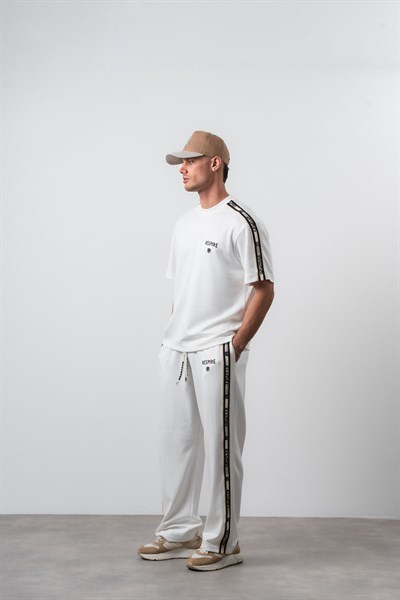 Erkek Respire Şerit Detaylı Regular Fit T-Shirt Pantolon Takım Ekru