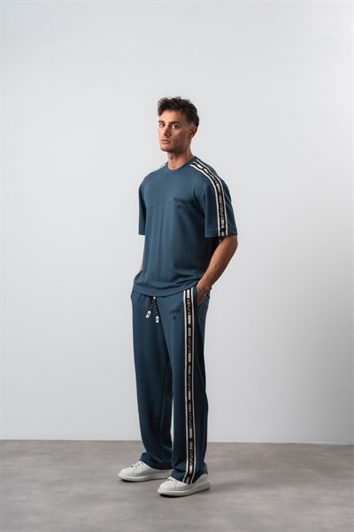 Erkek Respire Şerit Detaylı Regular Fit T-Shirt Pantolon Takım Petrol