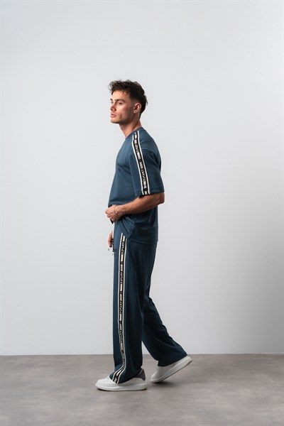 Erkek Respire Şerit Detaylı Regular Fit T-Shirt Pantolon Takım Petrol