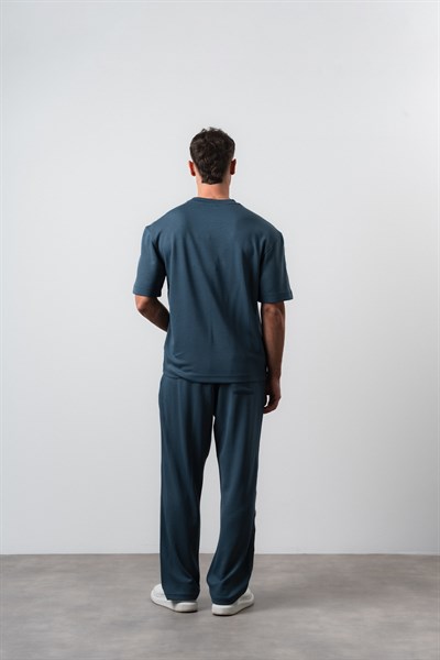 Erkek Respire Şerit Detaylı Regular Fit T-Shirt Pantolon Takım Petrol