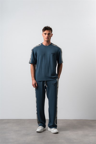 Erkek Respire Şerit Detaylı Regular Fit T-Shirt Pantolon Takım Petrol