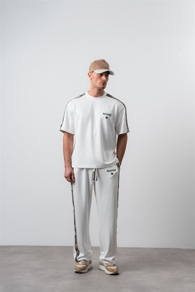 Erkek Respire Şerit Detaylı Regular Fit T-Shirt Pantolon Takım Ekru
