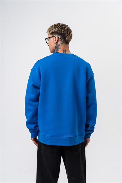 Erkek Respire Yazı Detaylı Basic Oversize Sweatshirt Mavi