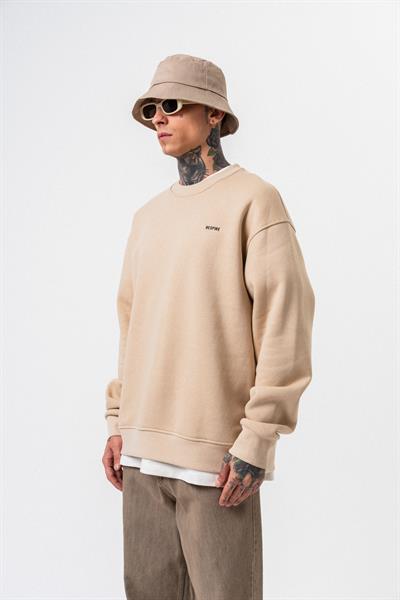 Erkek Respire Yazı Detaylı Basic Oversize Sweatshirt Bej