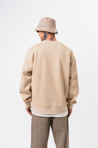 Erkek Respire Yazı Detaylı Basic Oversize Sweatshirt Bej