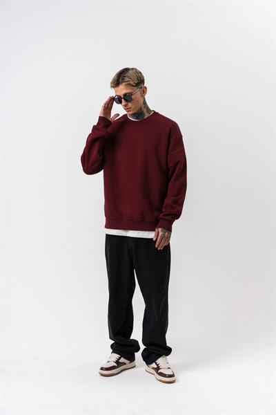 Erkek Respire Yazı Detaylı Basic Oversize Sweatshirt Bordo