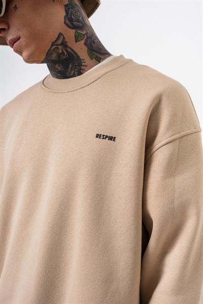 Erkek Respire Yazı Detaylı Basic Oversize Sweatshirt Bej