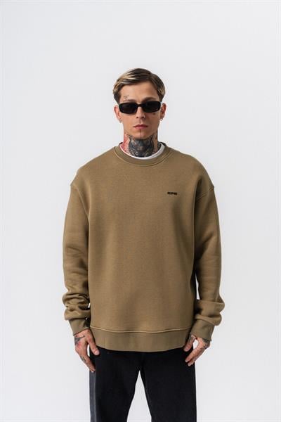 Erkek Respire Yazı Detaylı Basic Oversize Sweatshirt Haki
