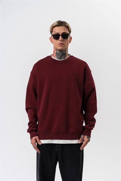Erkek Respire Yazı Detaylı Basic Oversize Sweatshirt Bordo
