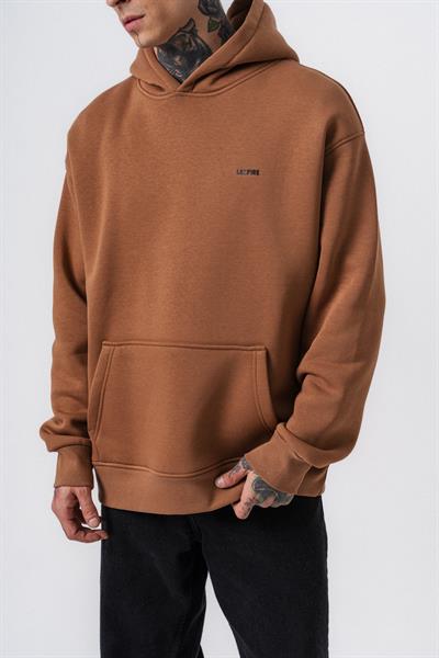 Erkek Respire Yazı Detaylı Kapüşonlu Basic Oversize Hoodie Kahve