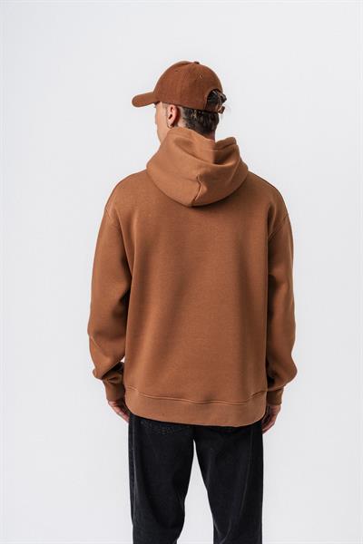 Erkek Respire Yazı Detaylı Kapüşonlu Basic Oversize Hoodie Kahve