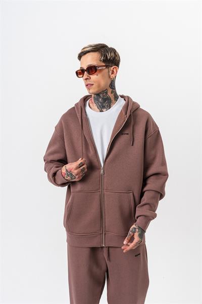 Erkek Respire Yazı Detaylı Kapüşonlu Basic Zip Oversize Hoodie Kakao