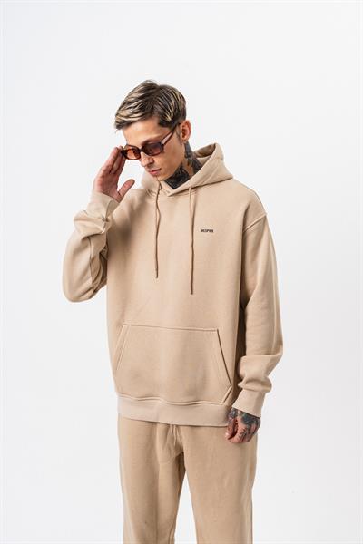 Erkek Respire Yazı Detaylı Kapüşonlu Basic Oversize Hoodie Bej