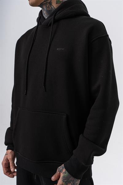 Erkek Respire Yazı Detaylı Kapüşonlu Basic Oversize Hoodie Siyah