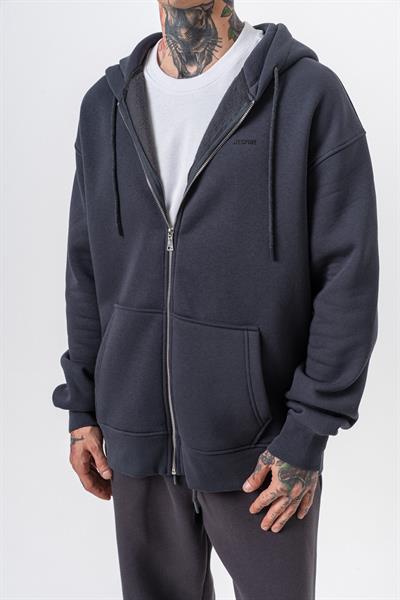 Erkek Respire Yazı Detaylı Kapüşonlu Basic Zip Oversize Hoodie Füme