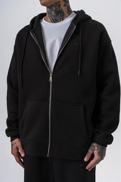 Erkek Respire Yazı Detaylı Kapüşonlu Basic Zip Oversize Hoodie Siyah