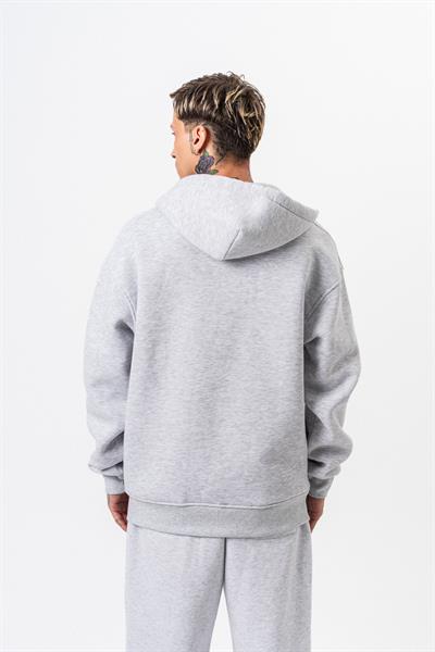 Erkek Respire Yazı Detaylı Kapüşonlu Basic Zip Oversize Hoodie Kar Melanj