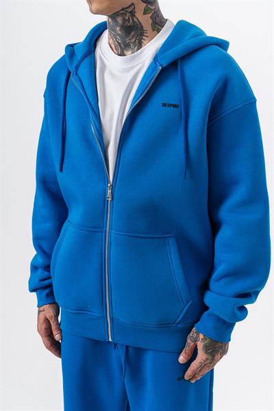Erkek Respire Yazı Detaylı Kapüşonlu Basic Zip Oversize Hoodie Mavi