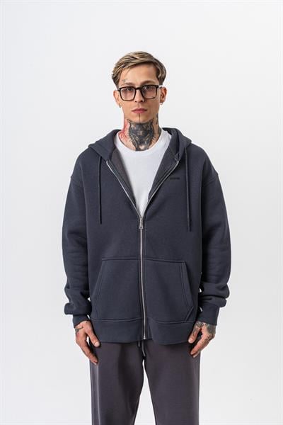 Erkek Respire Yazı Detaylı Kapüşonlu Basic Zip Oversize Hoodie Füme