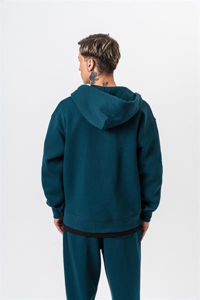 Erkek Respire Yazı Detaylı Kapüşonlu Basic Zip Oversize Hoodie Zümrüt