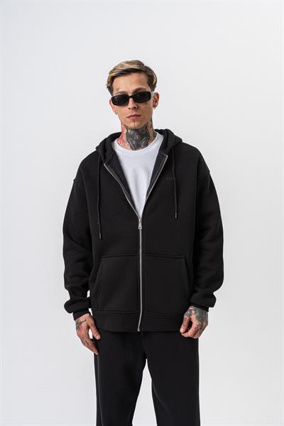 Erkek Respire Yazı Detaylı Kapüşonlu Basic Zip Oversize Hoodie Siyah