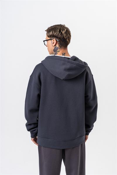 Erkek Respire Yazı Detaylı Kapüşonlu Basic Zip Oversize Hoodie Füme