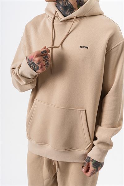 Erkek Respire Yazı Detaylı Kapüşonlu Basic Oversize Hoodie Bej