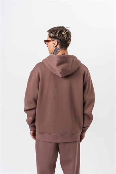 Erkek Respire Yazı Detaylı Kapüşonlu Basic Zip Oversize Hoodie Kakao