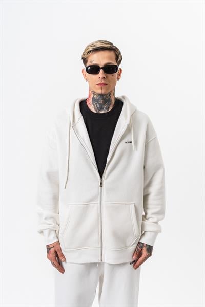 Erkek Respire Yazı Detaylı Kapüşonlu Basic Zip Oversize Hoodie Ekru